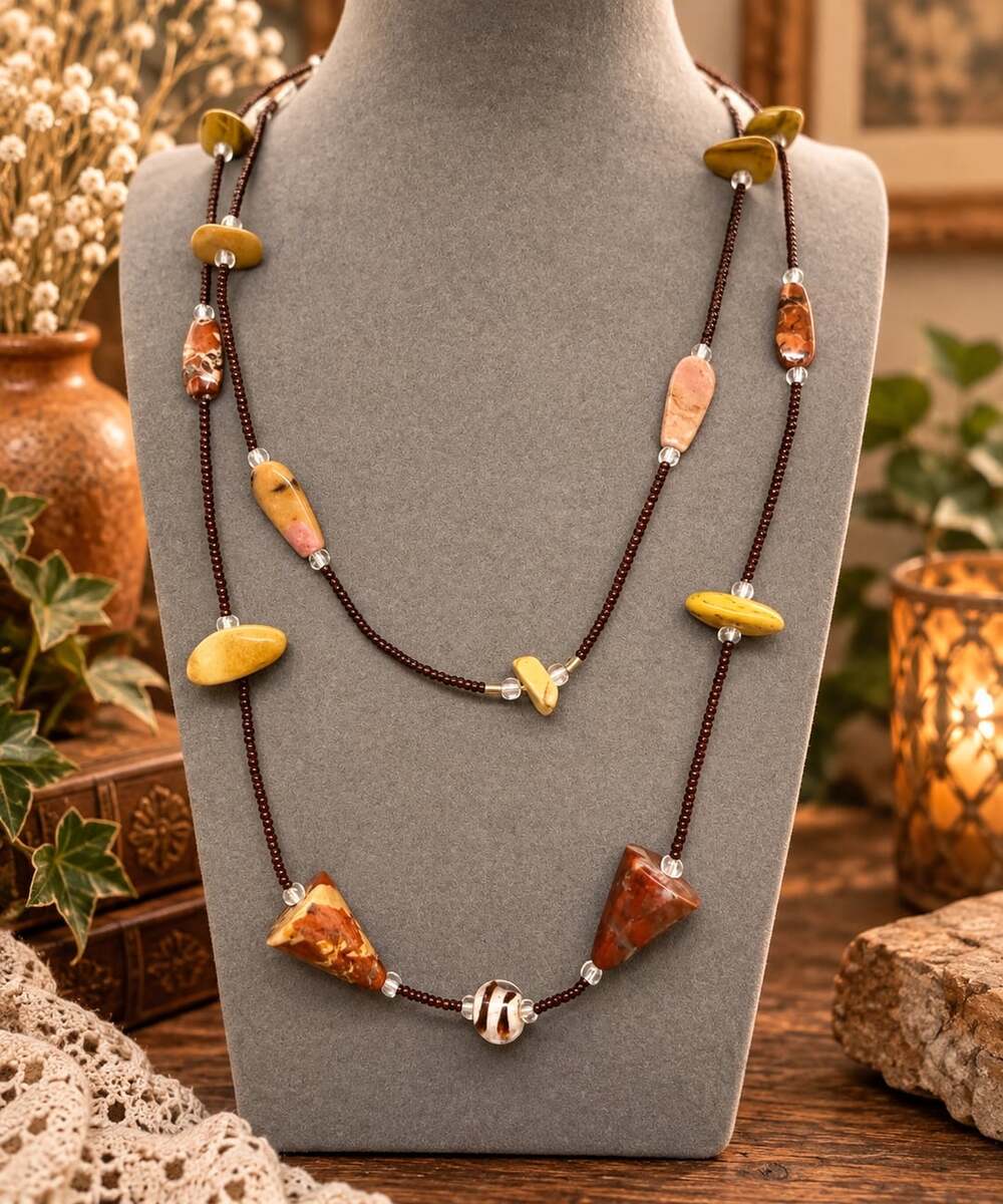 Multi Stone Jasper & Seed Bead Long Statement Necklace Handcrafted Boho Vintage